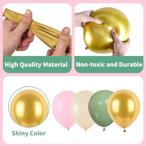 Pink and Green Balloons, Sage Green White Sand Party Balloons Chrome Metallic Gold Balloons Green Pink Latex Balloons for Kids Adults Boho Birthday Jungle Safari Party Wedding Baby Shower Graduation - color: Sage Green Pink