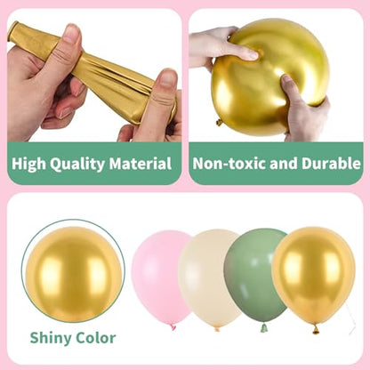 Pink and Green Balloons, Sage Green White Sand Party Balloons Chrome Metallic Gold Balloons Green Pink Latex Balloons for Kids Adults Boho Birthday Jungle Safari Party Wedding Baby Shower Graduation - color: Sage Green Pink