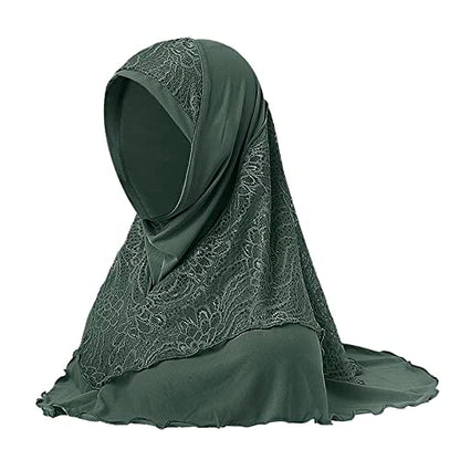 Women Soft One Piece Hijab Long Muslim Turban Islamic Full Head Scarf - color: Lace/Green