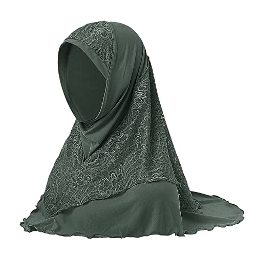 Women Soft One Piece Hijab Long Muslim Turban Islamic Full Head Scarf - color: Lace/Green
