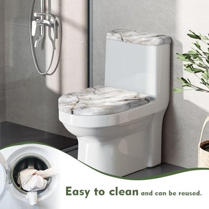 White Marble Print Toilet Lid Cover & Toilet Tank Lid Pads Bathroom Stretch Washable Toilet Lid Seat Protector Cover with Elastic Bottom - color: White Marble