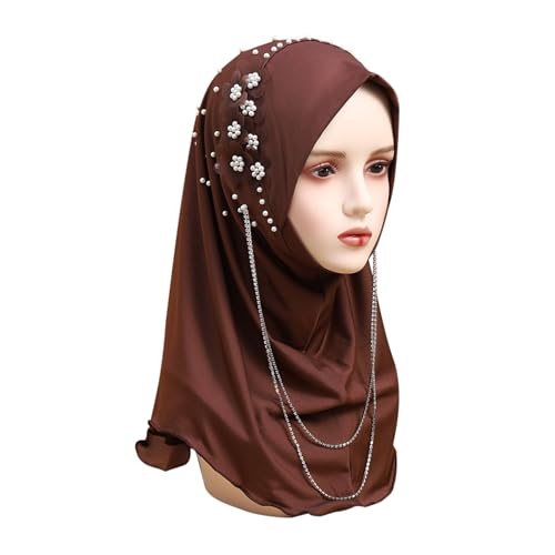RARITYUS Women Bling Rhinestone Pearl Instant Scarf Muslim Hijab Fashion Shawl Head Wrap Turban Cap with Flower Accent - color: Coffee