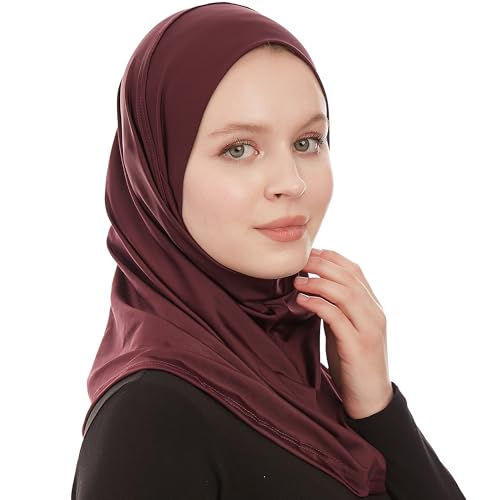 Plain Ready To Wear Amira Hijab for Women - Muslim Instant Amira Jersey Scarf – Soft Muslim One Piece Instant Hijab Headscarf - color: Plum