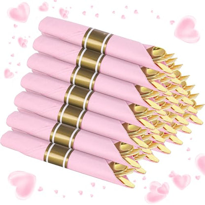 Supernal Gold Plastic Silverware Set with Pre Rolled Pink Napkin-Disposable Cutlery with Pink Linen Napkin Gold, Wrapped Plastic Silverware Heavy Duty Suit for Birthdays, Parties, Weddings 30Packs - color: Pink and Gold, size: 30 Pack