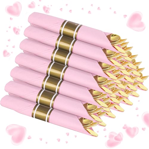 Supernal Gold Plastic Silverware Set with Pre Rolled Pink Napkin-Disposable Cutlery with Pink Linen Napkin Gold, Wrapped Plastic Silverware Heavy Duty Suit for Birthdays, Parties, Weddings 30Packs - color: Pink and Gold, size: 30 Pack