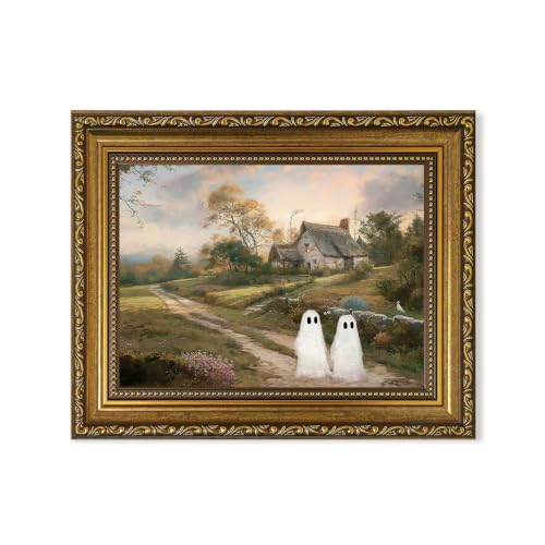 Halloween Gold Framed Landscape with Ghosts Canvas Wall Art, 8x10 Inch - color: ghost, size: 10"L x 8"W