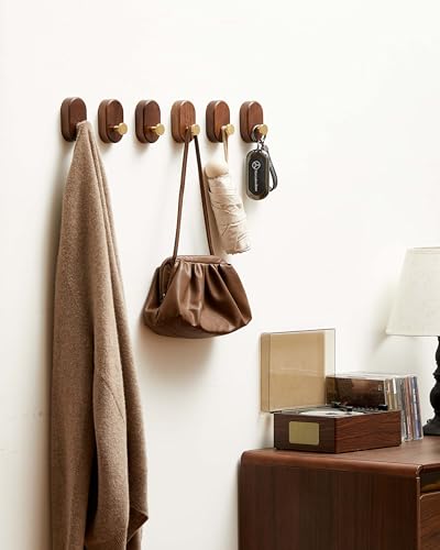 Wood Coat Hooks Wall Mount - Modern Walnut Coat Hook with Brass Accent for Hanging Clothes,Keys,Purse,Robes,Towel,Backpacks, Single Brass Wall Hooks Heavy Duty for Entryway, Closet, Bathroom (6 Pack) - style: 6 Pack