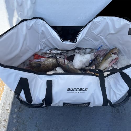 Buffalo Gear Insulated Fish Cooler - 27.5QT 58QT Waterproof Flat Bottom Bag, Leakproof and Fishing Kill Bag - color: White-85QT
