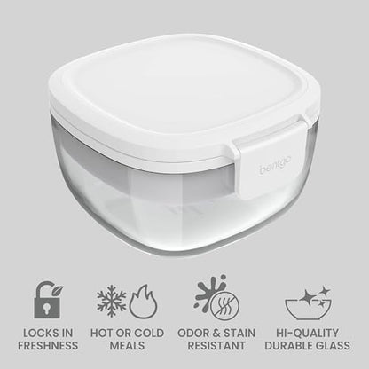 Bentgo Glass Salad Container - 7.6-Cup Salad Bowl with Airtight Lid, Leak-Proof Sauce Container, 4-Compartment Bento Tray & Reusable Fork - BPA-Free for Meal Prep, Office & More (White) - color: White