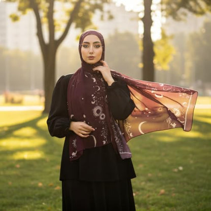 Hijab Modest and Elegant | Beautifully Designed Printed Chiffon Patterns | Muslim Women Head Scarf and Veil - color: Red M