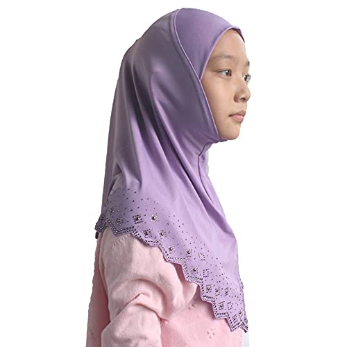Girls Hijab with Rhinestones – Sparkly Non-Slip Amira Scarf for Kids, for Daily Prayer, School, Ramadan & Eid (Ages 4-12) - color: Lavender