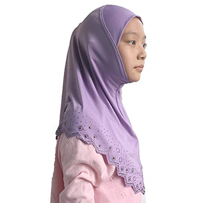 Girls Hijab with Rhinestones – Sparkly Non-Slip Amira Scarf for Kids, for Daily Prayer, School, Ramadan & Eid (Ages 4-12) - color: Lavender