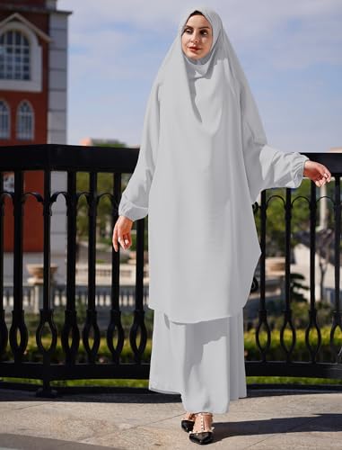 Abayas for Women Muslim Chiffon Prayer Burqa Dress Burkas for Women Muslim Hijab Dress Full Length Islamic Veil Abaya Set - color: Light Gray