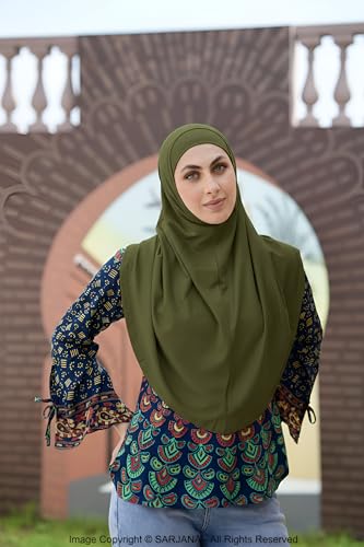 SARJANA Women's Solid Color Cotton Hijab with Under Scarf Cap Ready to Wear Stretch Scarves Long Scarfs FREE SIZE - color: Olive