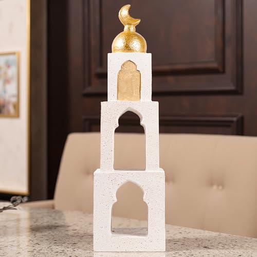 Decorative Mosque Tower with Gold Dome, Hand Painted,White and Gold - color: Mosque Tower Dome Statue