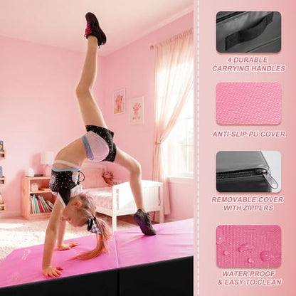 Kangaroo Hoppers Gymnastics Cheese Wedge Mat for Kids Ages 1-12 | 3 Sizes Folding Incline Mat with High-Density EPE Foam and Removable PVC Leather Cover, Home Gym Training Equipment - color: Black/Hot Pink, size: 48" x 24" x 14"