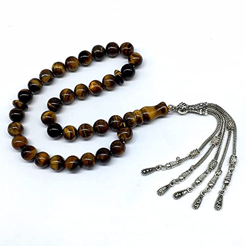 Big Prayer Beads-Worry Beads-Tesbih-Tasbih-Tasbeeh-Misbaha-Masbaha-Subha-Sebha-Sibha-Rosary (-Tiger Eye Natural Stone with Metal Tassel -10mm-33 Beads-) - color: Big Beads with Metal Tassel -10mm-33 Beads-