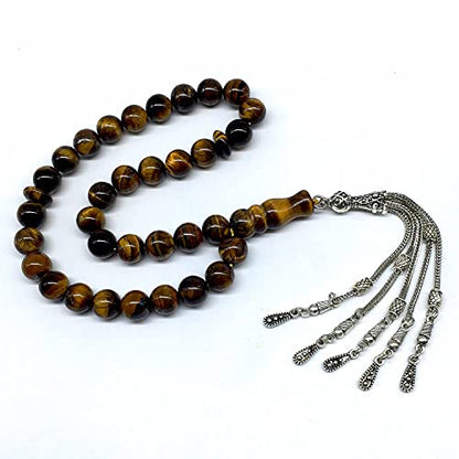Big Prayer Beads-Worry Beads-Tesbih-Tasbih-Tasbeeh-Misbaha-Masbaha-Subha-Sebha-Sibha-Rosary (-Tiger Eye Natural Stone with Metal Tassel -10mm-33 Beads-) - color: Big Beads with Metal Tassel -10mm-33 Beads-
