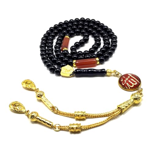 Special Prayer Beads Series -99 beads- Tesbih Tasbih Tasbeeh Misbaha Masbaha Subha Sebha Sibha (Black Shiny Agate Stone and Allah Tassel Design -6 mm Small Beads-) - color: Black Shiny Agate Stone and Allah Tassel Design -6 mm Small Beads-