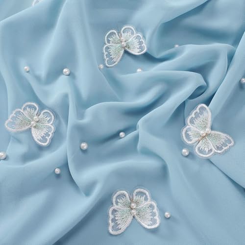 Muslim Prayer Hijab for Women Lightweight Pearl Chiffon Scarfs 3-D Butterfly Embroidery with Glitters Beads Islamic Hijab - color: Light Blue