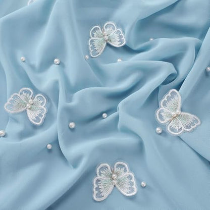 Muslim Prayer Hijab for Women Lightweight Pearl Chiffon Scarfs 3-D Butterfly Embroidery with Glitters Beads Islamic Hijab - color: Light Blue