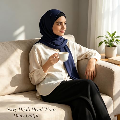 Hijab Scarf for Women, 3PCS Set with Undercap and Hijab Clip Lightweight Modal Muslim Head Wrap Scarf for Daily - color: Sy5-navy Hijab+black Undercap