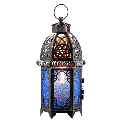 Vintage Candle Lantern, 12.8’’ Moroccan Style Decorative Metal Hanging&Tabletop Lantern, Ramadan Christmas Candle Holder Decorations for Home Outdoor Patio (Blue) - color: Blue - 12.8''h, size: Large