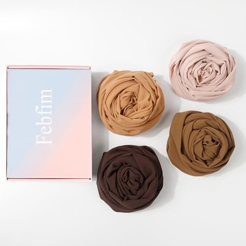 Febfim 4 PCS Muslim Women Soft Premium Solid Chiffon Hijab Scarves Shawl Long Scarf Wrap Scarves with Gift Box - color: Clear