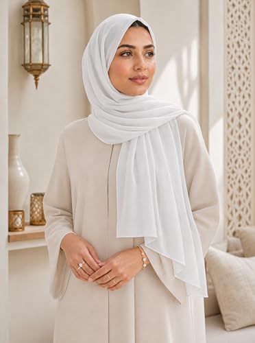 Women’s Chiffon Hijab Scarf - Heavyweight Solid Color Shawl & Wrap, Soft Breathable Headwrap for All Seasons - color: Mcgjxfs2604-white