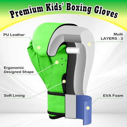 Kids Boxing Gloves for Boys & Girls, Youth Boxing Training Gloves for Kids Age 3 to 9 Years, 4OZ Training Sparring Gloves for Punching Bag Kickboxing Muay Thai MMA - color: Green