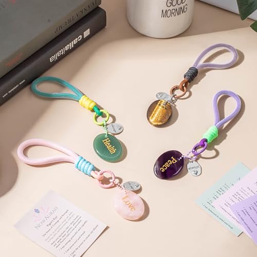 Crystal Keychain Set - Natural Healing Stones with Affirmation Cards- Worry Stone Anxiety Relief Gift - color: Amethyst.