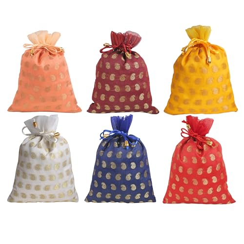 Touchstone Drawstring Bags Traditional Indian Handcrafted Fabric Perfect for Gifts Jewelry Weddings Pouches Purses Potli - color: Paisley_Multicolor (Pack of 6) 3, size: 9x7 inches