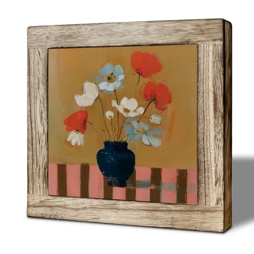 Vintage Floral Vase Wooden Desktop Sign, Still Life Wildflower Painting Wood Plaque Tabletop Decor for Living Room, Bedroom or Shelf - color: color43