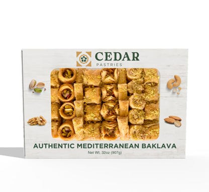 Cedar Pastries Mediterranean Baklava Assortment – 33 Pieces – Large Mediterranean Dessert Gift Box – Pistachio, Cashew & Walnut Phyllo Pastries – Gourmet Middle Eastern Sweets – Kosher & Halal Certified - size: 32 Ounce (Pack of 1)