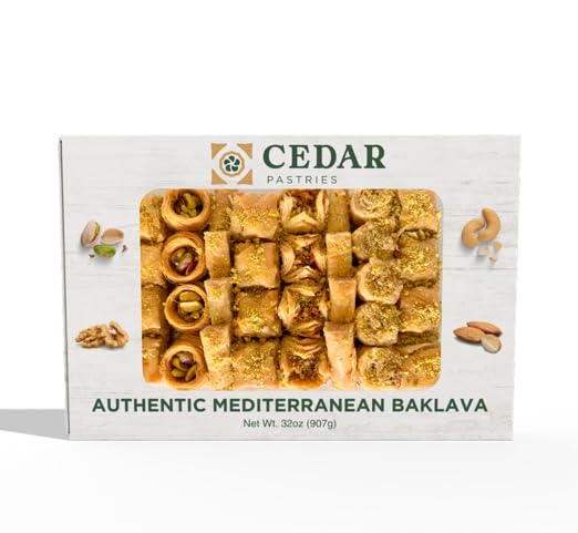 Cedar Pastries Mediterranean Baklava Assortment – 33 Pieces – Large Mediterranean Dessert Gift Box – Pistachio, Cashew & Walnut Phyllo Pastries – Gourmet Middle Eastern Sweets – Kosher & Halal Certified - size: 32 Ounce (Pack of 1)