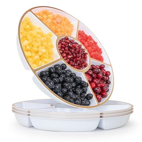 R-kay 4 Pack, 6 Sectional White Plastic Serving Trays For Party With Gold Rim - Heavy Duty Gold Party Trays For Serving Food - 12 Inch Platters - color: White And Gold