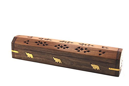 Govinda® Wooden Coffin Incense Burner - 12" Elephant - Brass Inlays - Storage Compartment - style: Elephant