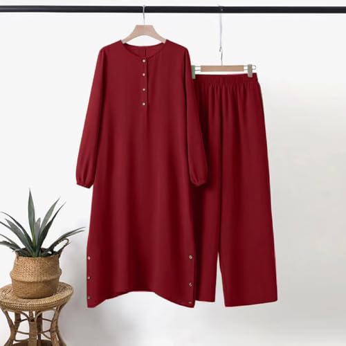 IDOPIP Women's Muslim Abaya Dress 2 Pieces Set Long Sleeve Button Down Shirt and Pants Casual Arabic Islamic Dubai Outfits - color: Wine Red, size: 4X-Large