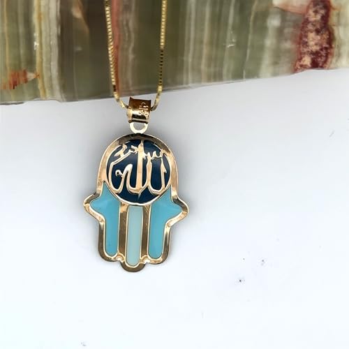 14K Solid Gold Pendant Necklace Hand-Painted Abstract Hamsa Hand and Allah Calligraphy (Evil Eye) - Gift for Men, Women, Daughter, Son, Unisex Adults, Kids - color: Blue Fatima Hand w/ Allah Calligraphy, style: Pendant w/ Cuban Link 16"
