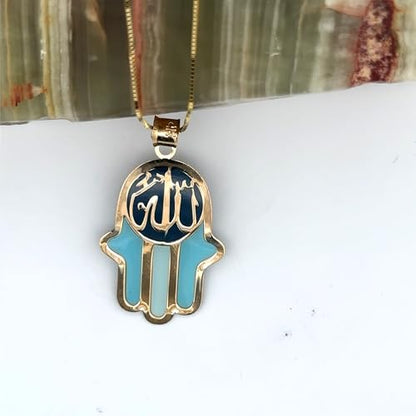 14K Solid Gold Pendant Necklace Hand-Painted Abstract Hamsa Hand and Allah Calligraphy (Evil Eye) - Gift for Men, Women, Daughter, Son, Unisex Adults, Kids - color: Blue Fatima Hand w/ Allah Calligraphy, style: Pendant w/ Cuban Link 16"