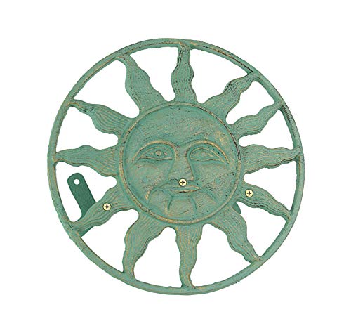 Verdigris Green Finish Cast Iron Sun Face Decorative Wall Mounted Garden Hose Hanger - 12 Inches in Diameter - Simple Installation -75 Foot Capacity Hose Holder | Wall-Mounted Storage, Holds About 75 Feet of Hose, Three-Point Mounting with Bolts and Ancho