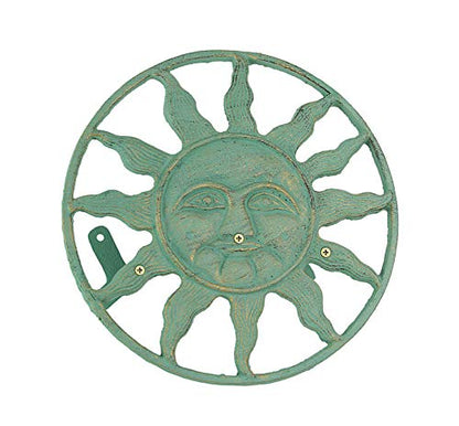 Verdigris Green Finish Cast Iron Sun Face Decorative Wall Mounted Garden Hose Hanger - 12 Inches in Diameter - Simple Installation -75 Foot Capacity Hose Holder | Wall-Mounted Storage, Holds About 75 Feet of Hose, Three-Point Mounting with Bolts and Ancho