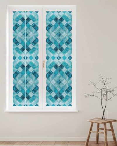Window Privacy Film Teal Blue Diamond Window Clings for Glass Windows Modern Geometric Lines Windows Film Static Cling Frosted Windows Sticker Covering for Bathroom Living Room Office 17.7"x78.7" - size: 17.7"x78.7"