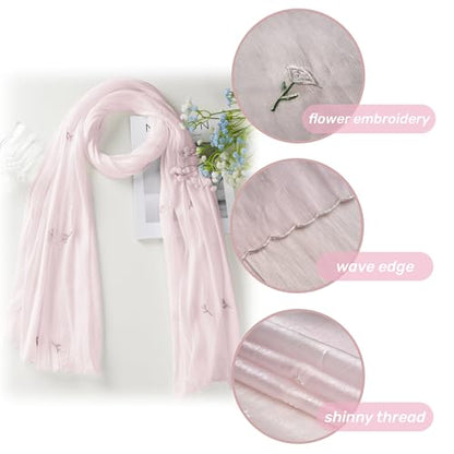 Shinny Threat Hijab Flower Embroidery Shawl Scarf Summer Cool Headwrap | Shinny Threat, Flower Embroidery - color: Light Pink