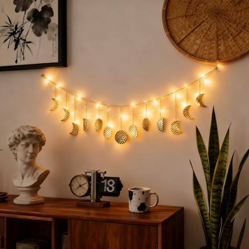 opulinea Moon Phase Wall Decor with LED String Lights, Gold Hammered Metal Celestial Wall Hanging - color: Gold Led, size: 6.3"L x 36"W