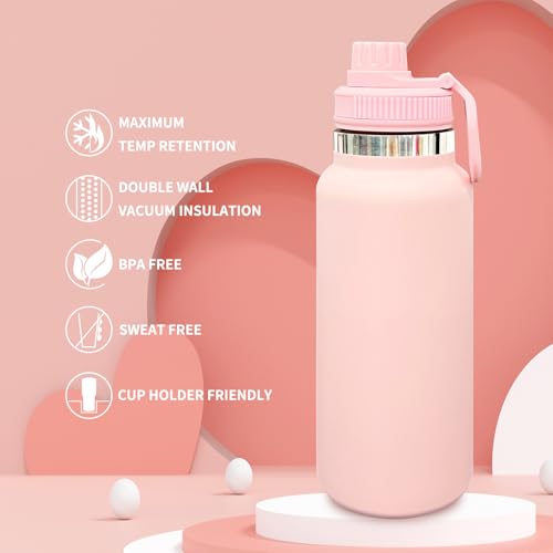 32 oz Insulated Water Bottle with Spout Lid - Double Wall Vacuum Sports Water Bottle - Powder Coated Cup for Gym Camping Hiking(Pink,1 pack) - color: Pink