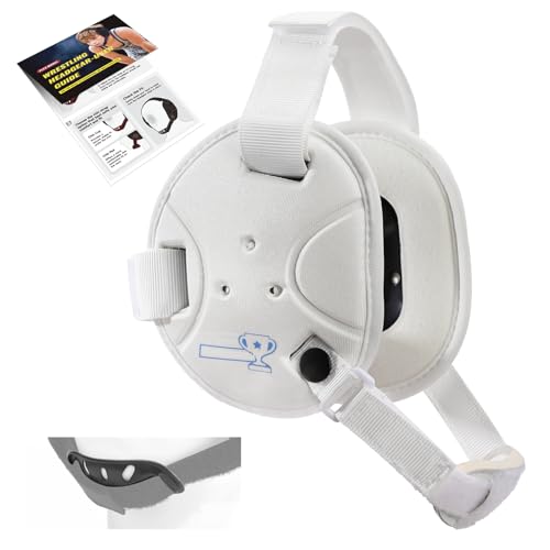 Trymaker Wrestling Headgear, Head Gear for Youth with Chin Cup & Pad | Head Under 21", Ages 4–9, Sorf Triple-Layer Ear Guard, 3-Point Adjustment System, MMA, Jiu-Jitsu, BJJ - color: White Headgear & White Strap