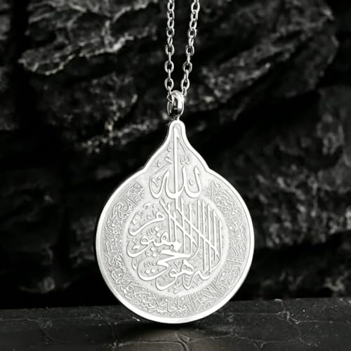 Stainless Steel Necklace Classic Retro Drop-Shaped Islamic Scripture Medal Jewelry for Men and Woment - color: silvery