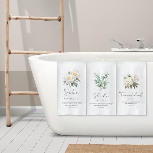 Islamic Botanical Kitchen Towels, Islamic Muslim Gifts for Women Dish Tea Towels for Kitchen Decor, Religious Floral Botanical Hand Towel for Bathroom Decor, 16x24 Inches Set of 3
