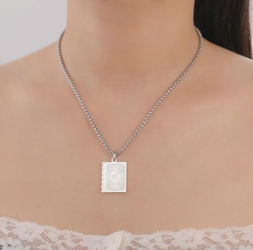 Islamic Necklace Double Sided Quran Book Muhammad Prophet Allah Pendant Arabic Calligraphy Ayatul Kursi Muslim Religious Jewelry Islam Eid Ramadan Gift for Men Women - color: silver